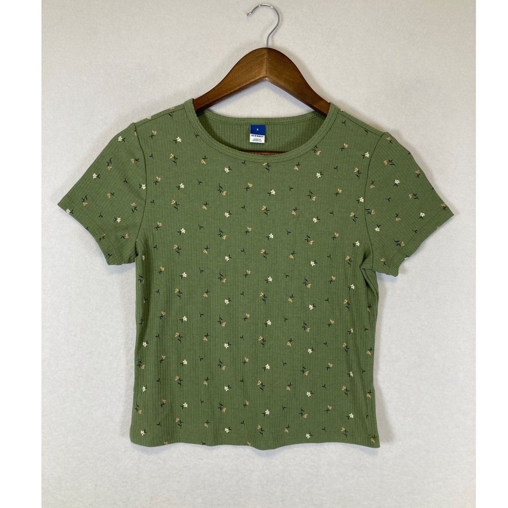 Cottagecore Old Navy NWT Women Size S‎ Green Floral Ribbed Short Sleeve Tee